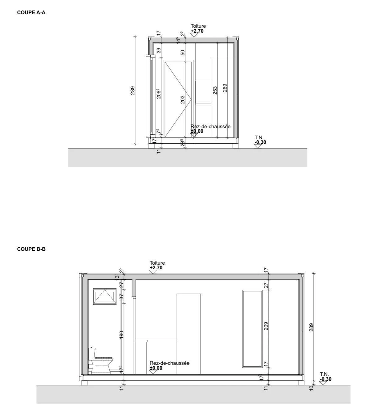 Plans du Studio 6 m : coupe transversale A-A et coupe longitudinale B-B, avec les cotes
