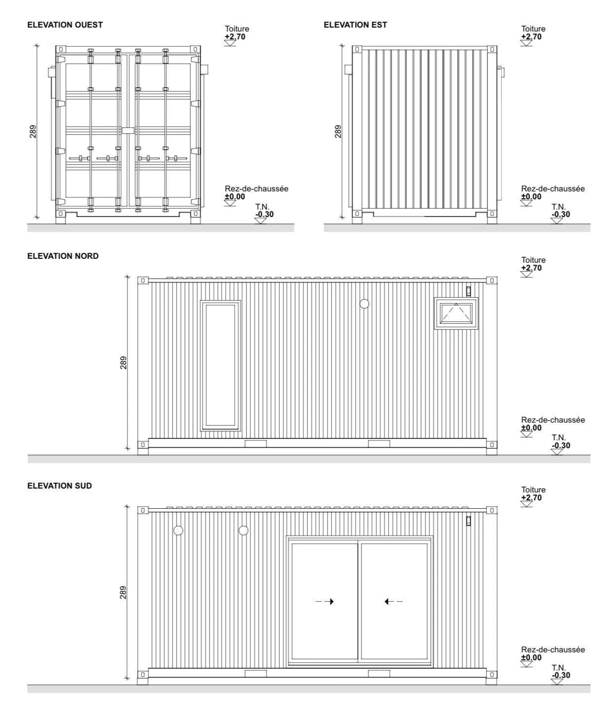 Plans du Studio 6 m : élévations ouest, est, nord et sud, avec les cotes